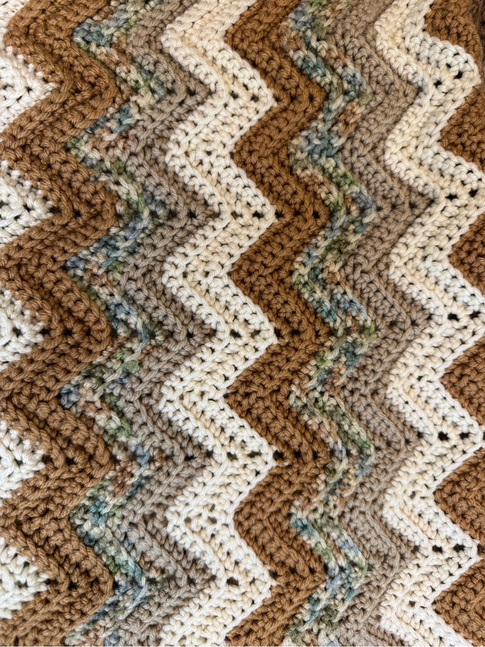 Vtg Hand Crochet Chevron Afghan Blanket Retro Sage Rust Blue Fringe Throw 58x45